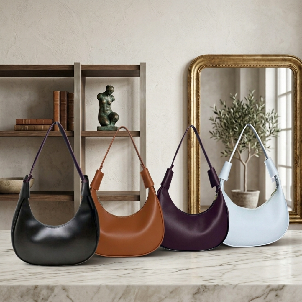 Bolsa Feminina Meia Lua Elegante com Zíper e Metais Dourados – Leve, Moderna e Versátil
